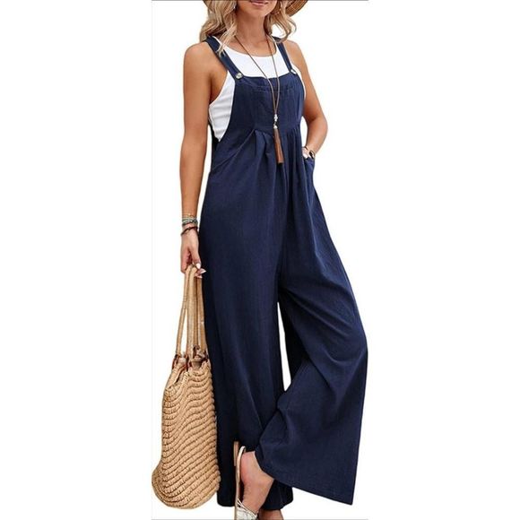 Korebow Pants - Korebow Wide Leg Jumpsuit Casual Loose Bib Overalls Rompers Jumpsuits navy XL
